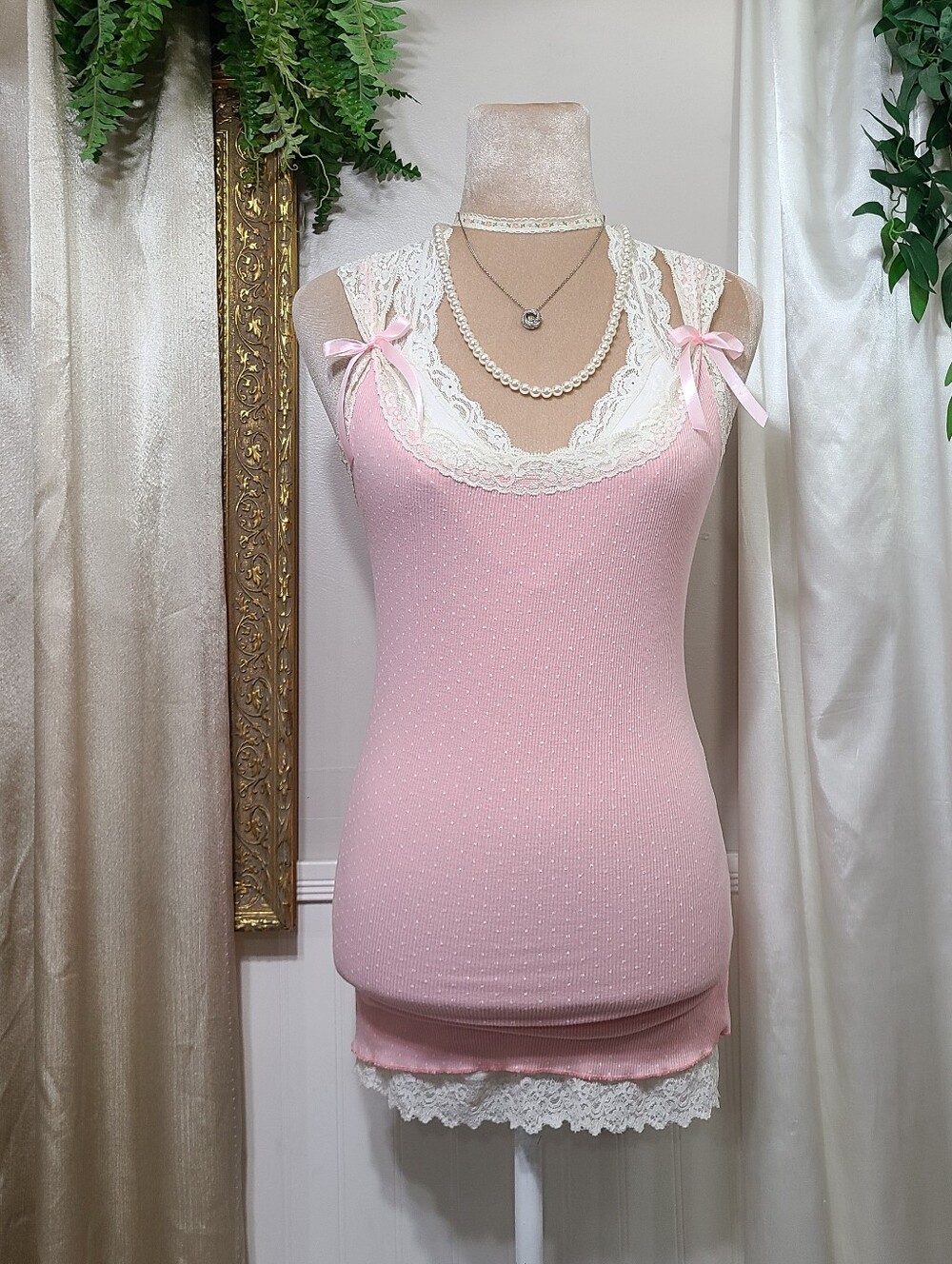 ♡ Y2K ♡ Abercrombie Baby Pink White Polkadot Lace  Cami Summer Tank Top